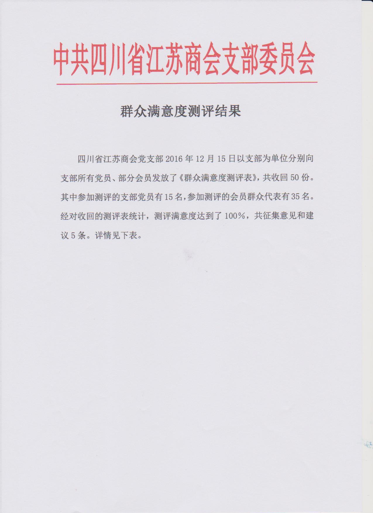 中共四川省江苏商会支部委员会群众满意度测评结果